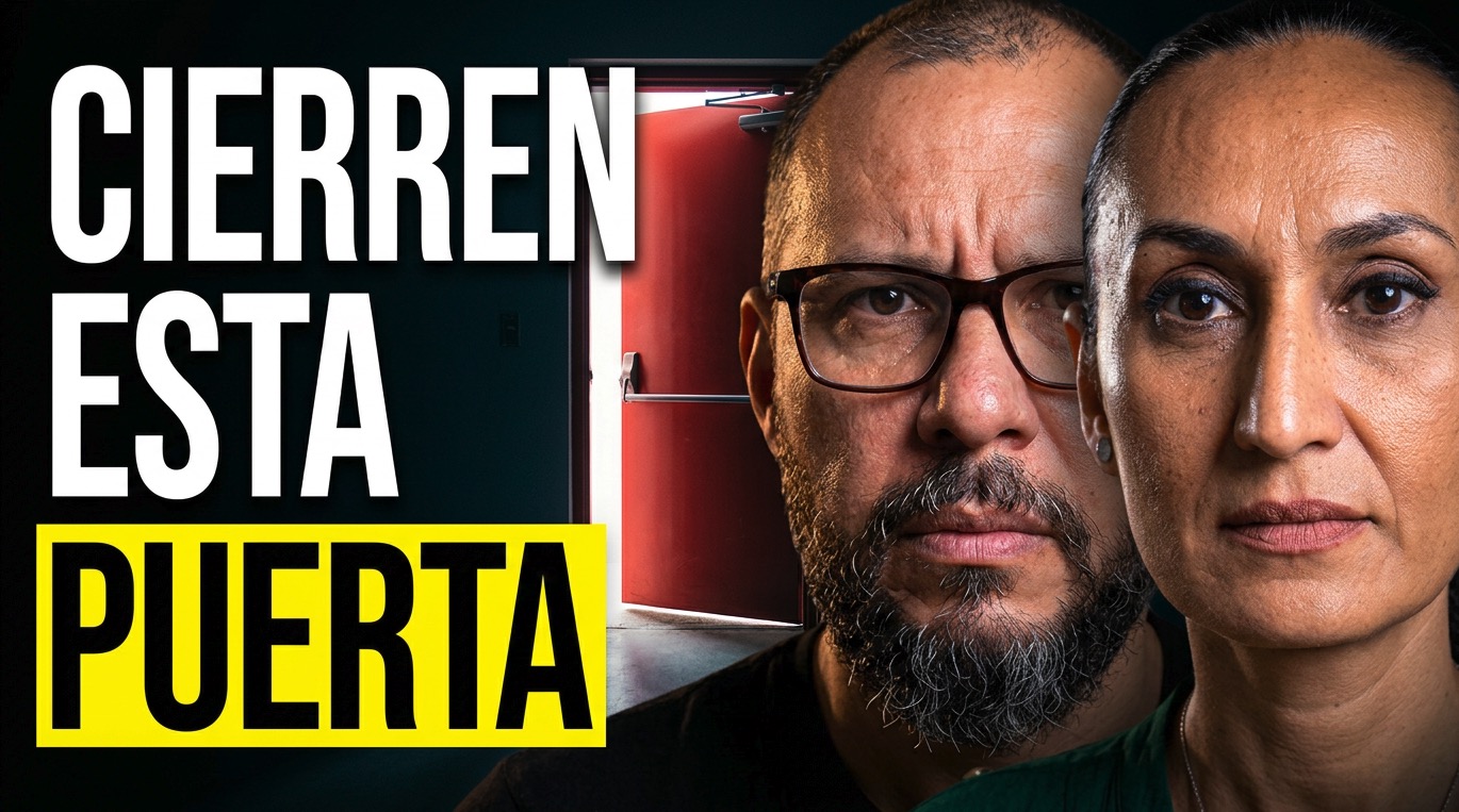 Spanish-language thumbnail with two presenters and the headline Cierren esta puerta